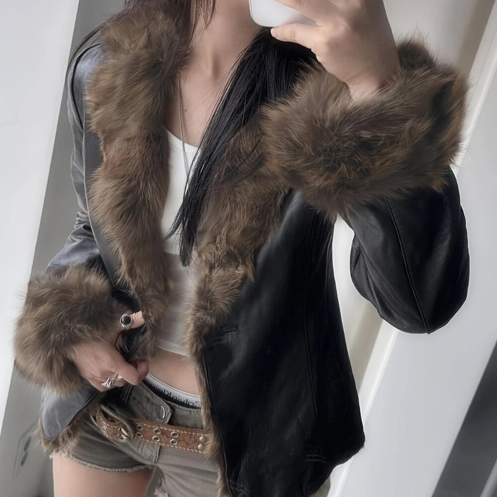 Black Brown Faux Fur Faux Leather Jacket L